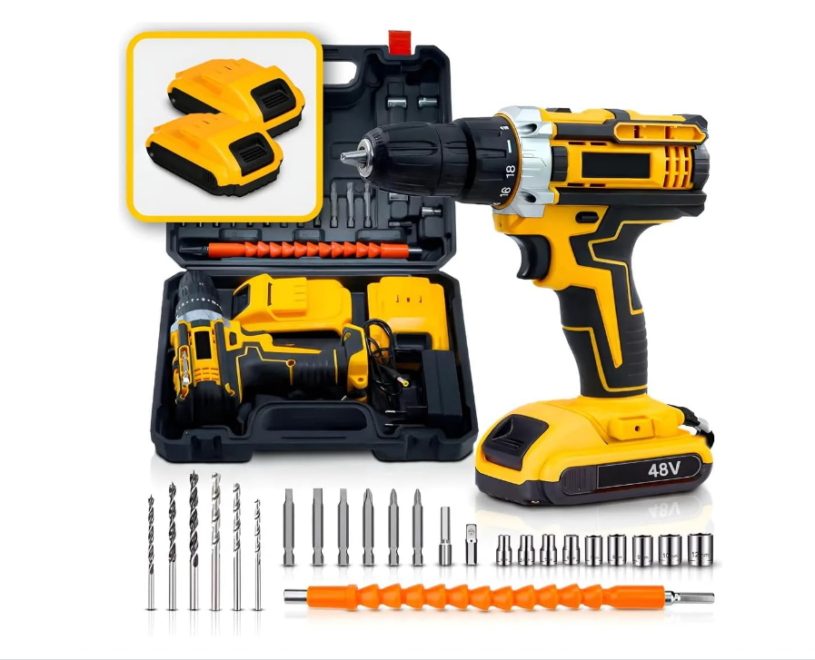 Taladro y Atornillador de Impacto Inalámbrico 48V con Luz LED, 2 Baterías Recargables Bivolt y Accesorios, Maletín Completo para Uso Profesional y Doméstico